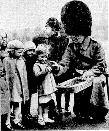 Image: Sport and General" Photo. Distributing shamrocks to children of the Irish Guards in the grounds of the depot at Caterham, Surrey, on St. Patrick's Day, March 17. (Evening Post, 07 April 1938)