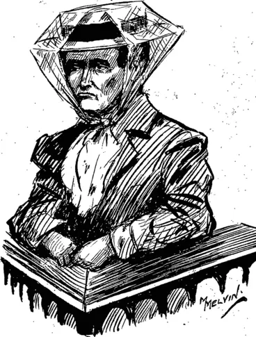 Image: AMY BOCK SKETCHED IN THE DCCX IN THE DUNEDIN CITY  POLICE COURT. (Otago Witness, 12 May 1909)