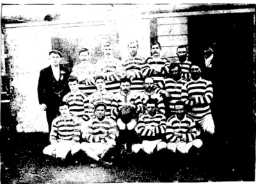 Image: Back Rom-.—Tyler (Auckland), Cadwallader (Wairarapa), Armstiong (Wairarapa), McKenzie (Wairarapa), Nicholson (Auckland), Long (Auckland),  A. Campbell (Manager).  Middle Row —Wyhe (Manawatu), Dodd (Wellington), Kiernan (Auckland), Laing (Auckland), McDuff (Auckland), Cunningham (Auckland). Front Ron.—Wallace (Wellington), Asher (Auckland), Tregear (Wanganui), McGregor (Auckland).  —Photos, by Berry and Co., Cuba Street. -"J (New Zealand Free Lance, 20 September 1902)
