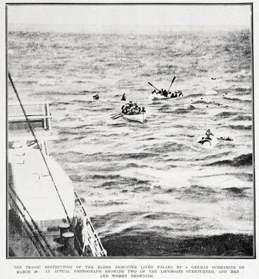 Image: The tragic destruction of the Elder Dempster liner Falaba by a German submarine on March 18: an actual photograph showing two of the life boats overturned, and men and women drowning.
