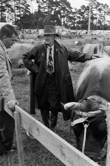Image: Man with bull at A & P show
