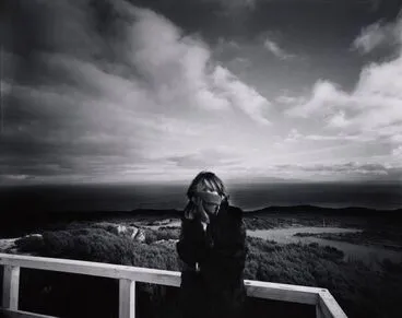 Image: Greta and the view south from Bluff Hill, Stewart Island in the distance: Bluff 1981