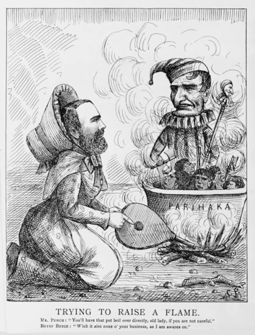 Image: P., C., fl 1880 :Trying to raise a flame. Parihaka. 1880.