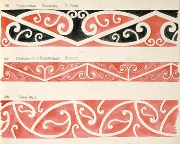 Image: Godber, Albert Percy, 1876-1949 :[Designs for rafter patterns]. 126. Tuhourangi, Rangiuru, Te Puke; 127. Uenuku-Mai-Raratonga, Rotoiti; 128. Toka-Anu. [1940-1942?].