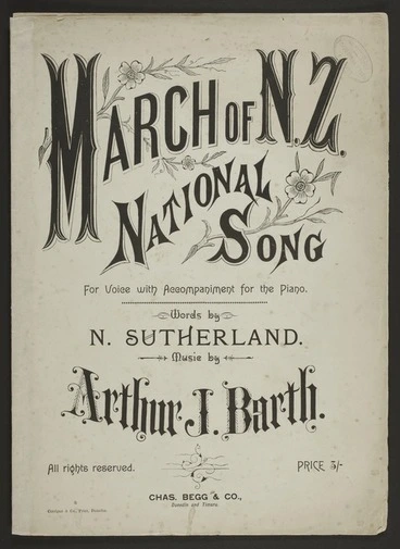 Image: March of N.Z. : national song : for voice with accompaniment for the piano / words by N. Sutherland ; music by Arthur J. Barth.