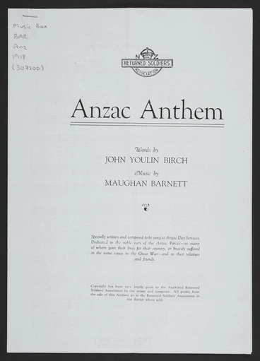 Image: Anzac anthem / words by John Youlin Birch ; music by Maughan Barnett.