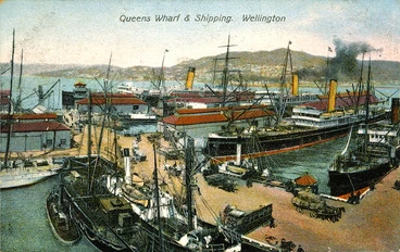 Image: [Postcard]. Queens Wharf & shipping, Wellington. G & G Series no. 125. [ca 1908].