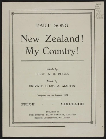 Image: New Zealand! : my country! / words by A.H. Bogle ; music by Chas. A. Martin.