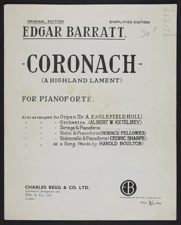 Image: Coronach : (a Highland lament) : for pianoforte / Edgar Barratt.