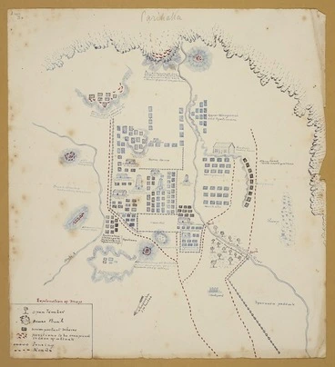 Image: [Smith, Stephenson Percy] 1840-1922 :[Plan of] Parihaka. [1881?]. Explanation of map - open timber, dense bush, unimportant whares, positions to be occupied in case of attack, fencing, roads.