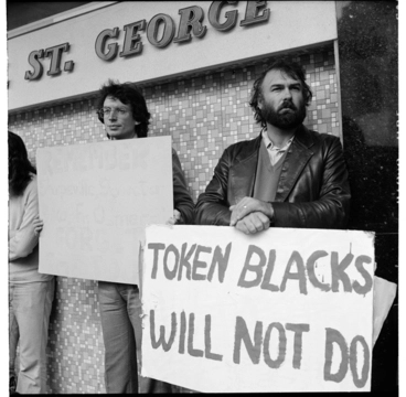 Image: Anti-tour demonstration in Boulcott Street, Wellington (April 1980)