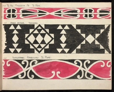 Image: Godber, Albert Percy, 1876-1949 :[Designs for rafter patterns]. 123. Te Hei Manoeka Pa, Te Puke; 124. Porch design, Tokaanu; 125. Tuhourangi. Rangiuru, Te Puke. [1940-1942?].