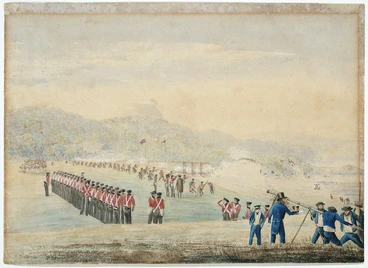 Image: Bridge, Cyprian, 1807-1885 :Sketch of the action at Mawe, New Zealand, on the 8th May, 1845 by the forces under command of Lt Colonel Hulme 96th Regt. Composed of Head Quarter Division of 58th. Details &c of 96th - a few Marines & Sailors of H. M. Ships North Star and Hazard against the combined forces of the Rebels Heke & Kawiti / C. Bridge.