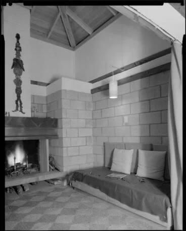 Image: Lounge with open fire, Jim Beard's house, Waikanae, Kapiti Coast