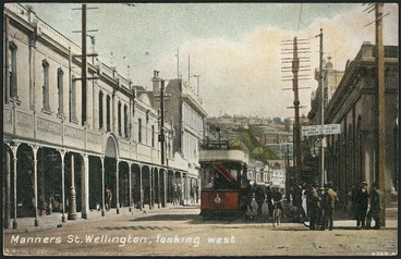 Image: [Postcard]. Manners St[reet], Wellington, looking west. 4366A. New Zealand post card (carte postale), printed in Britain. F.T. series no 2616. [ca 1904-1914].