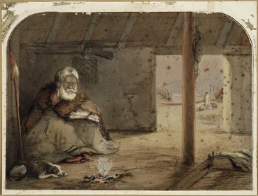 Image: Barraud, Charles Decimus, 1822-1897 :[Te Puni seated in a whare in Pito-one Pa] N. Z. 1860