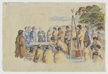 Image: Artist unknown :[Reconstruction of the signing of the Treaty of Waitangi. ca 1940 or 1930s]