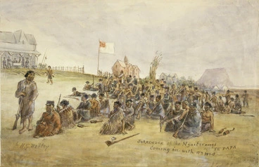 Image: Robley, Horatio Gordon 1840-1930 :Surrender of the Ngaiterangi at Te Papa - coming in with arms