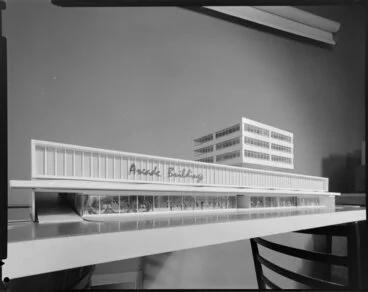 Image: Architect's model of arcade for Lower Hutt, by Angus and Flood