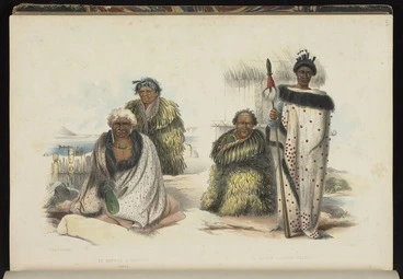 Image: Angas, George French 1822-1886 :Te Heuheu & Hiwikau, Tanpo [sic]. Te Kawaw & his nephew Orakai. George French Angas [delt]; J. W. Giles [lith]. Plate 56. 1847.