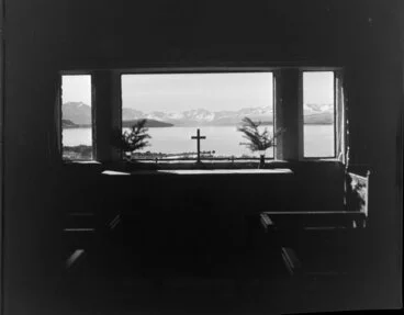 Image: View through altar window, with altar, Church of the Good Shepherd, Lake Tekapo