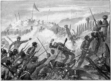 Image: Redmayne, Thomas, fl 1880s-1890s :Attack on the Maori Pah at Rangiriri. [1863]