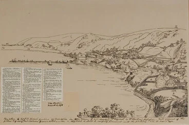 Image: Key plan to Mr G.B. Shaw’s picture of Dunedin in 1851. Drawn by Mrs Hocken in 1892.
