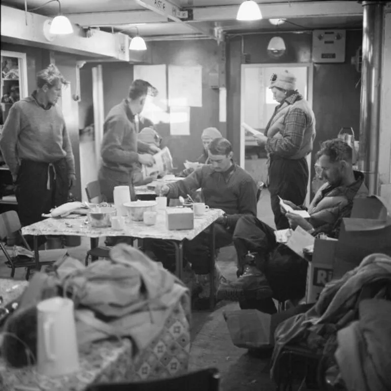 Image: Interior of Scott Base Mess Hut: Ed Hillary on left