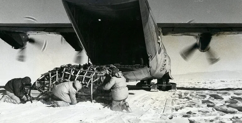 Image: Pallets of equipment and supplies being delivered by Hercules