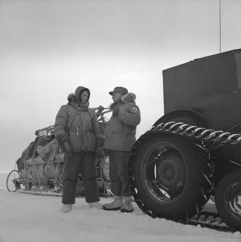 Image: Edmund Hillary and Rear Admiral Dufek at Scott Base in 1957 before the departure on the trip south by tractor