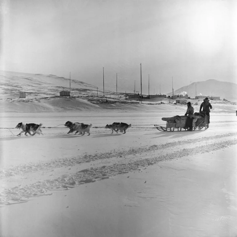 Image: Northern Survey Party members Guyon Warren and Murray Douglas leave Scott Base on 4 October 1957 for a four-month exploration between the Mawson and Skelton glaciers