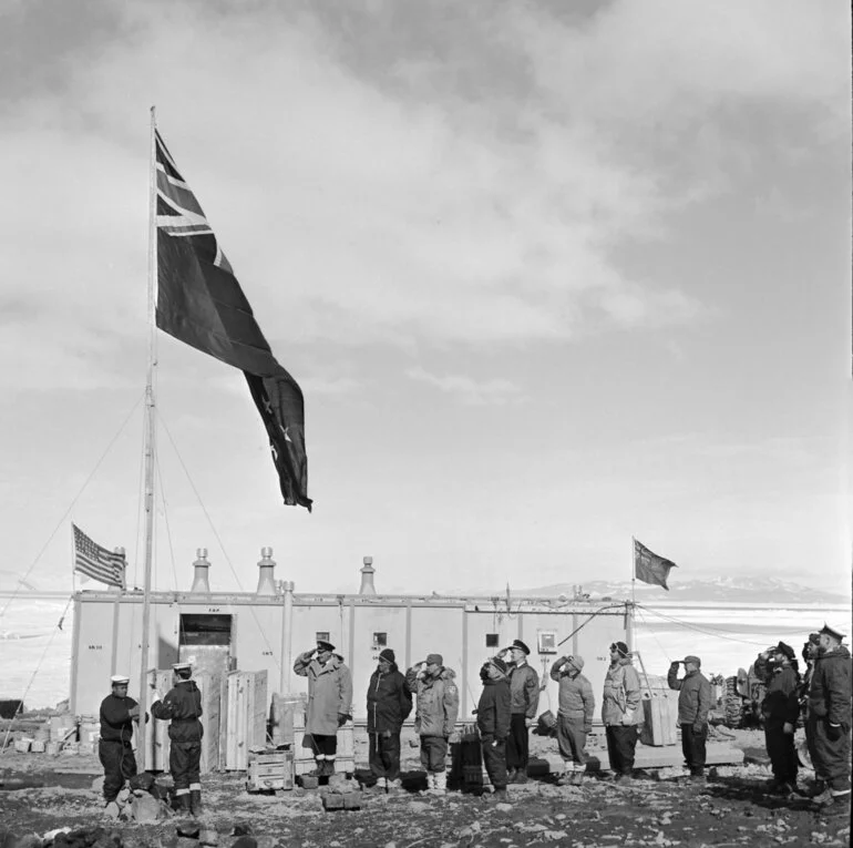 Image: The flag raising ceremony at Scott Base on 20 January 1957