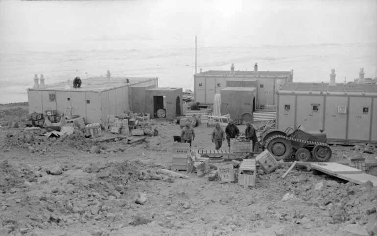 Image: Beginning the construction of Scott Base showing F, D, and C Huts and the start of the covered way