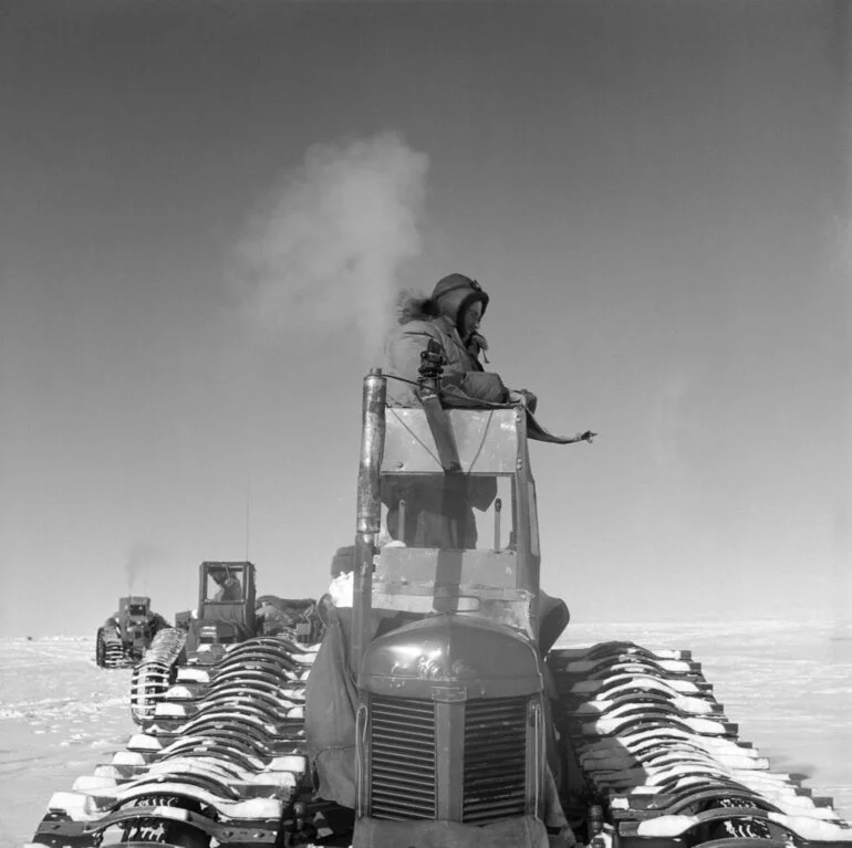 Image: Sir Edmund Hillary on a Ferguson tractor leaving Depot 480 in December 1957 on his way to the South Pole