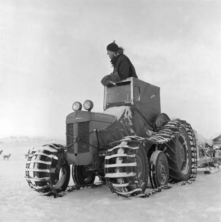 Image: Sir Edmund Hillary on a tractor bound for Cape Crozier