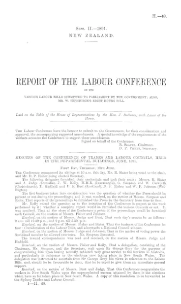 Image: REPORT OF THE LABOUR CONFERENCE ON THE VARIOUS LABOUR BILLS SUBMITTED TO PARLIAMENT BY THE GOVERNMENT; ALSO, MR. W. HUTCHISON'S EIGHT HOURS BILL.