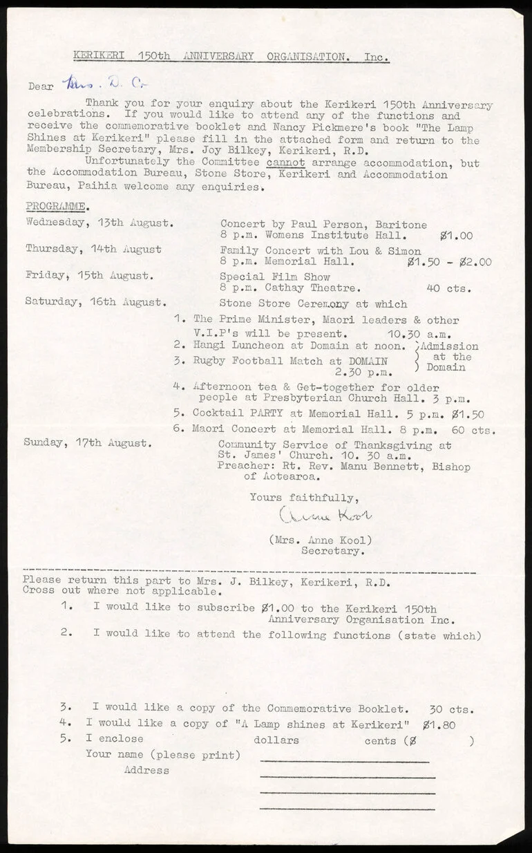 Image: Invitation to Kerikeri 150th anniversary events and replies