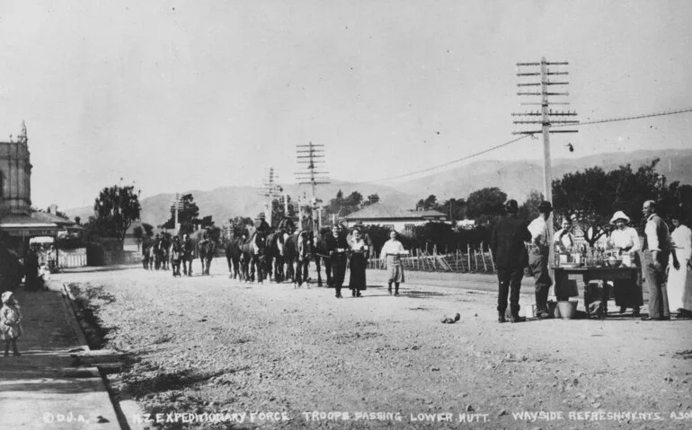 Image: NZ Expeditionary Force. Troops passing Lower Hutt. Wayside refreshments.