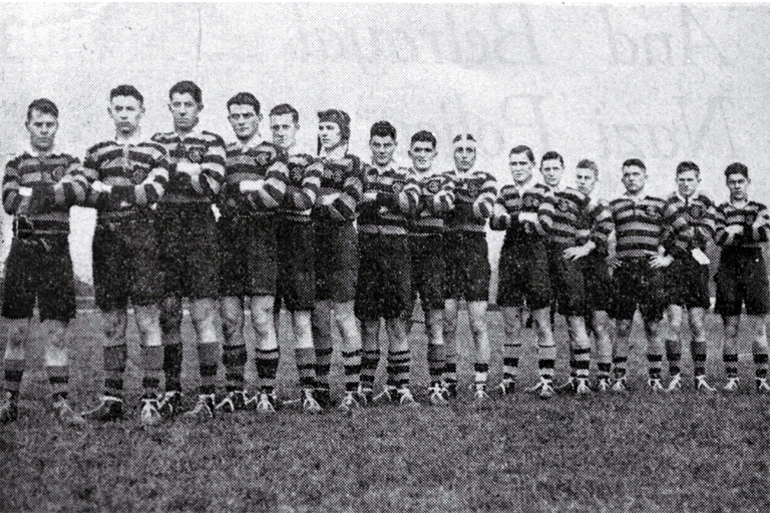 Image: Christ's College rugby team line-up : shown before the annual School-College rugby match.