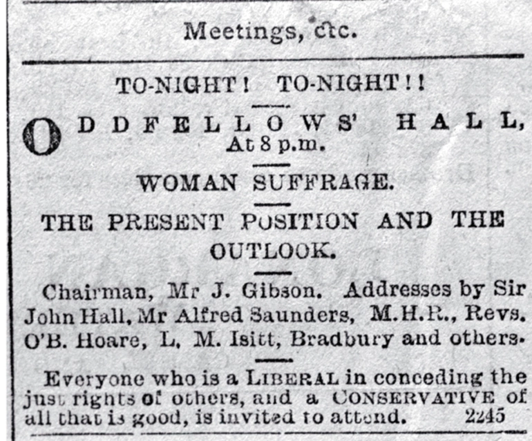 Image: Public notice for a meeting on the present and outlook of woman's suffrage to be held at the Oddfellows Hall, Lichfield Street, Chch.