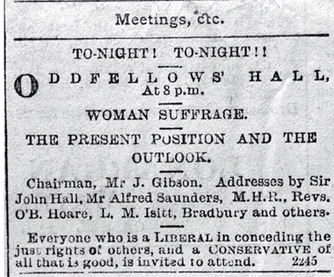 Image: Public notice for a meeting on the present and outlook of woman's suffrage to be held at the Oddfellows Hall, Lichfield Street, Chch.