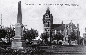 Image: The Trooper's Memorial, Baring Square, Ashburton, with the second Post Office in the background