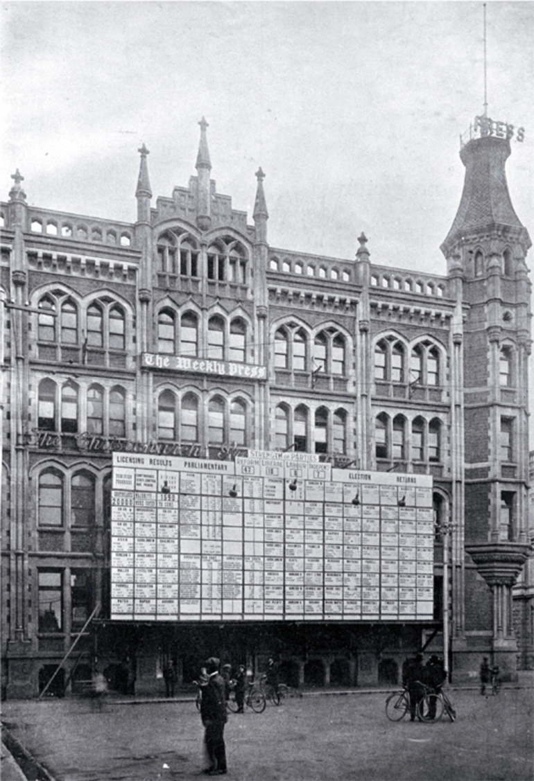 Image: The results of the general election of 1919, posted outside the Press Co. Building, Cathedral Square, Christchurch