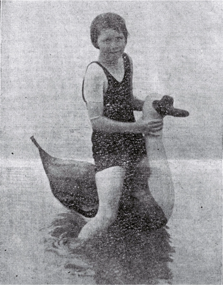 Image: The "Goose Girl" : a young bather tests out her new inflatable at a local Christchurch beach.