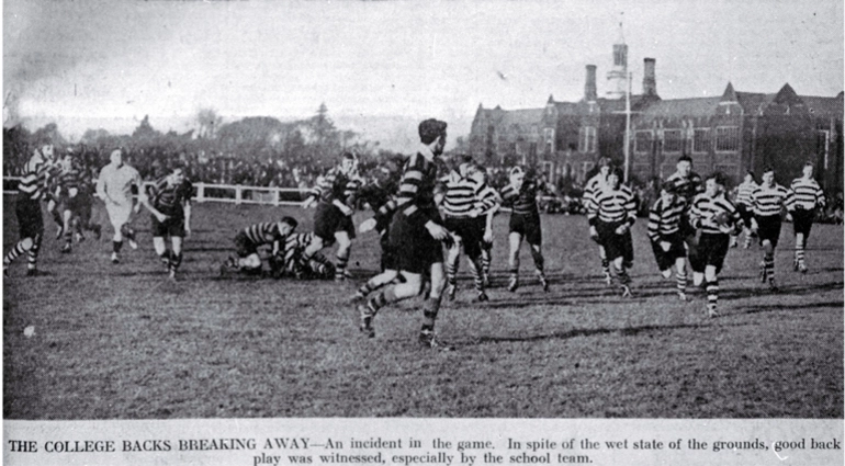 Image: Christ's College versus Christchurch Boys' High School : shown in the annual School-College rugby match.