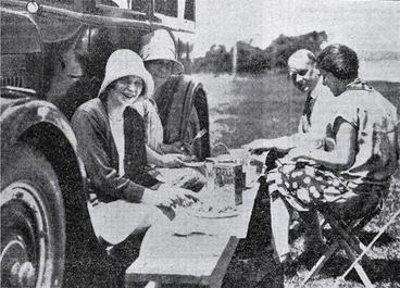 Image: A family picnic on a summer's day at Addington Show Grounds' motorist's camping ground, Christchurch
