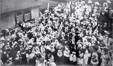 Image: Mothers and babies gathered outside St. Helen's Hospital, Sydenham