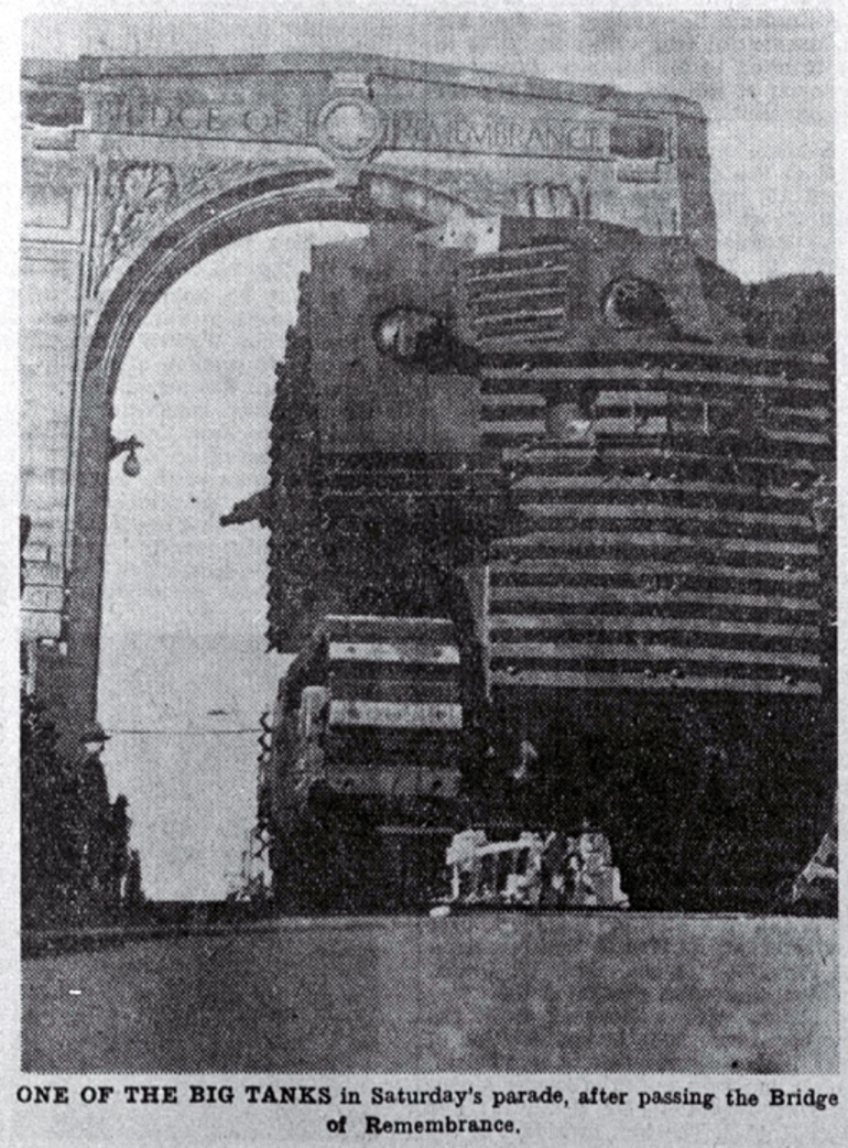 Image: A Bob Semple tank crosses the Bridge of Remembrance during a defence parade through Christchurch