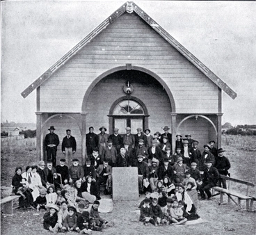 Image: "The natives assembled in front of the Arowhenua Pa meeting house, Temuka"