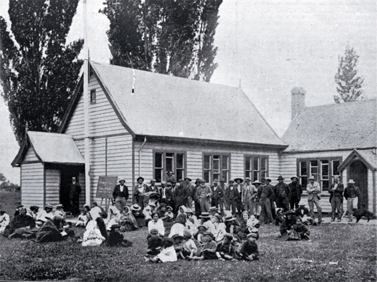 Image: Outside the polling booth, Kaiapoi : people awaiting the results of the Southern Maori Electorate, 1902 Maori election.